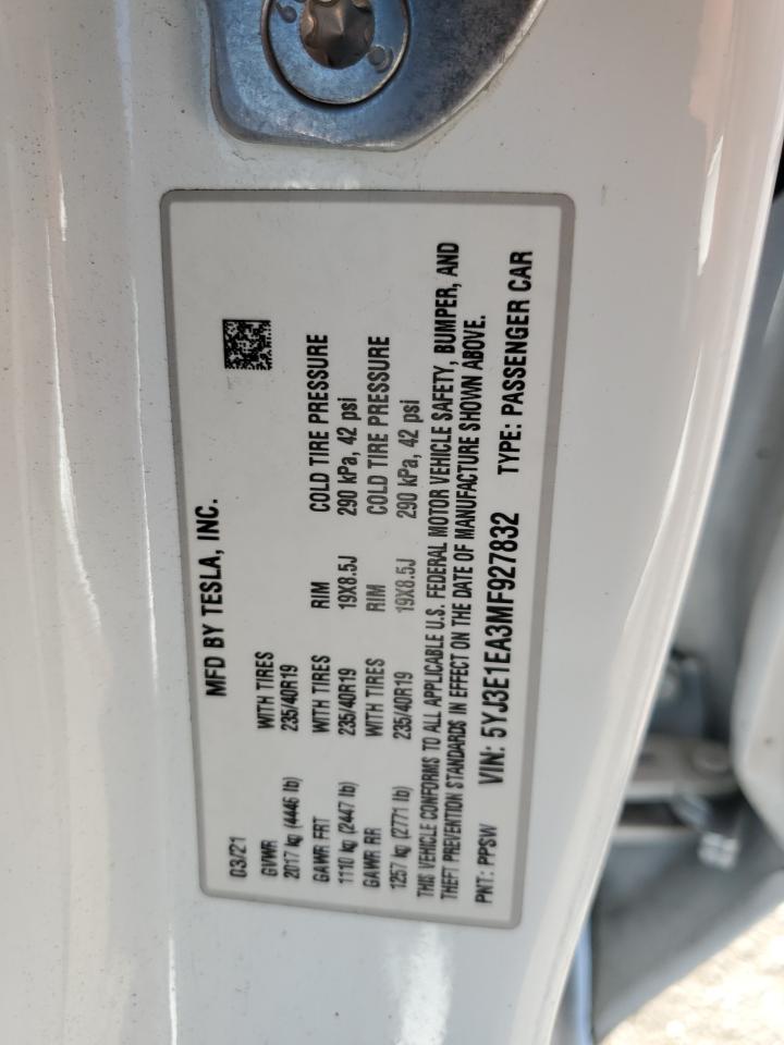 2021 Tesla Model 3 VIN: 5YJ3E1EA3MF927832 Lot: 82287605