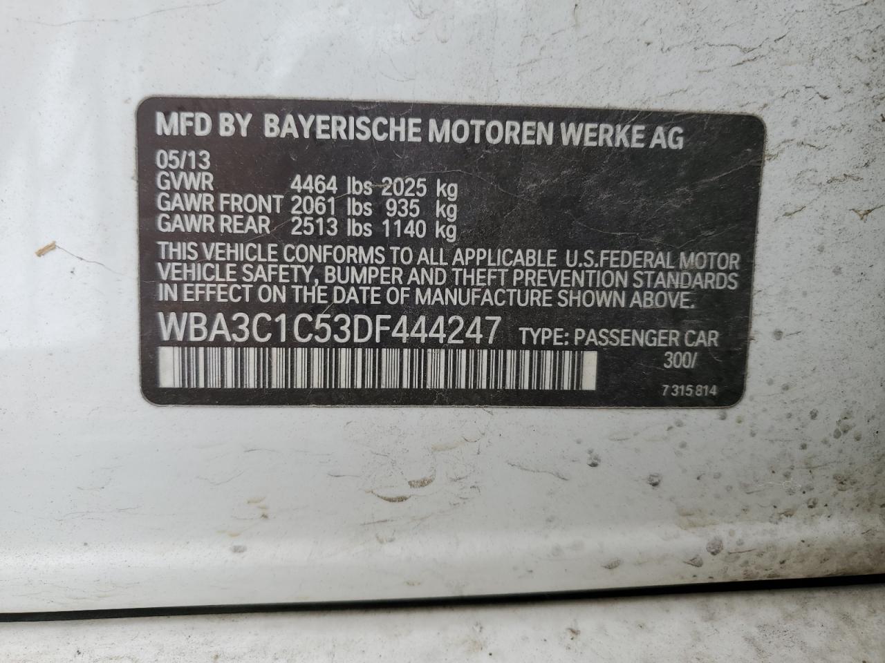 2013 BMW 328 I Sulev VIN: WBA3C1C53DF444247 Lot: 84073655