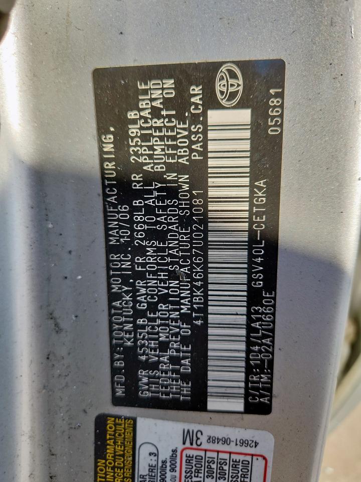 2007 Toyota Camry Le VIN: 4T1BK46K67U021081 Lot: 85331535