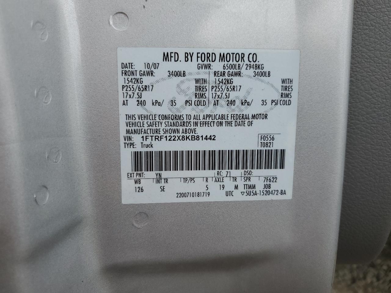 2008 Ford F150 VIN: 1FTRF122X8KB81442 Lot: 85593065