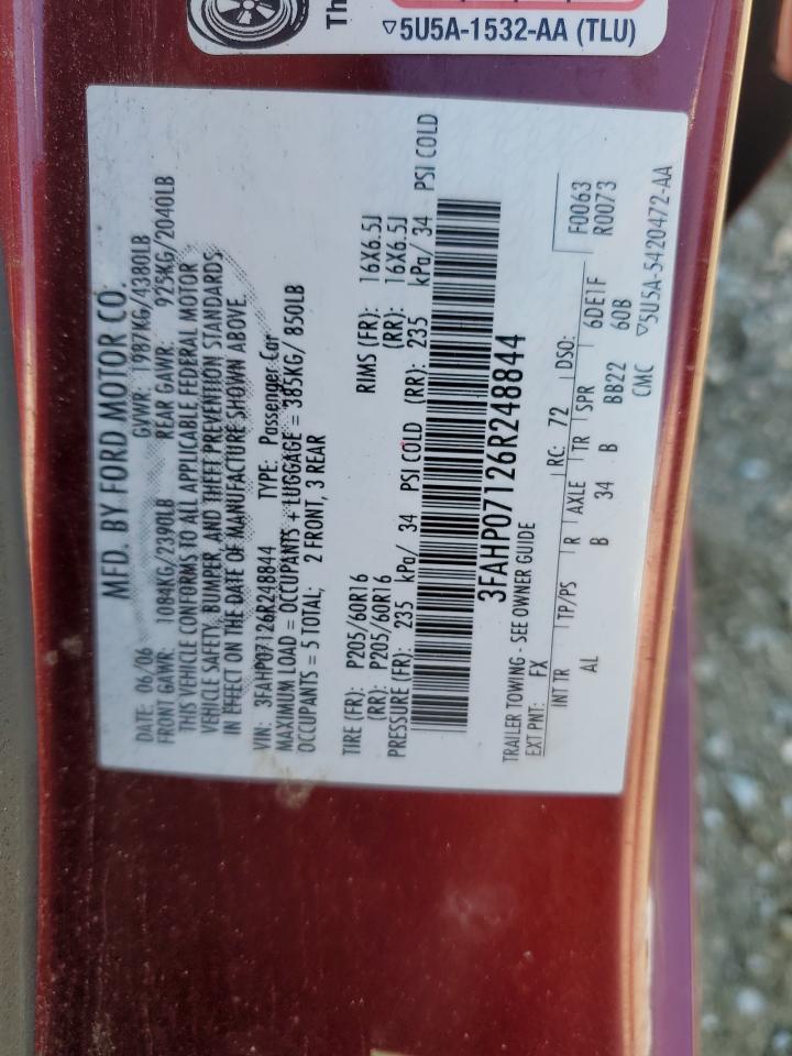 2006 Ford Fusion Se VIN: 3FAHP07126R248844 Lot: 86408235