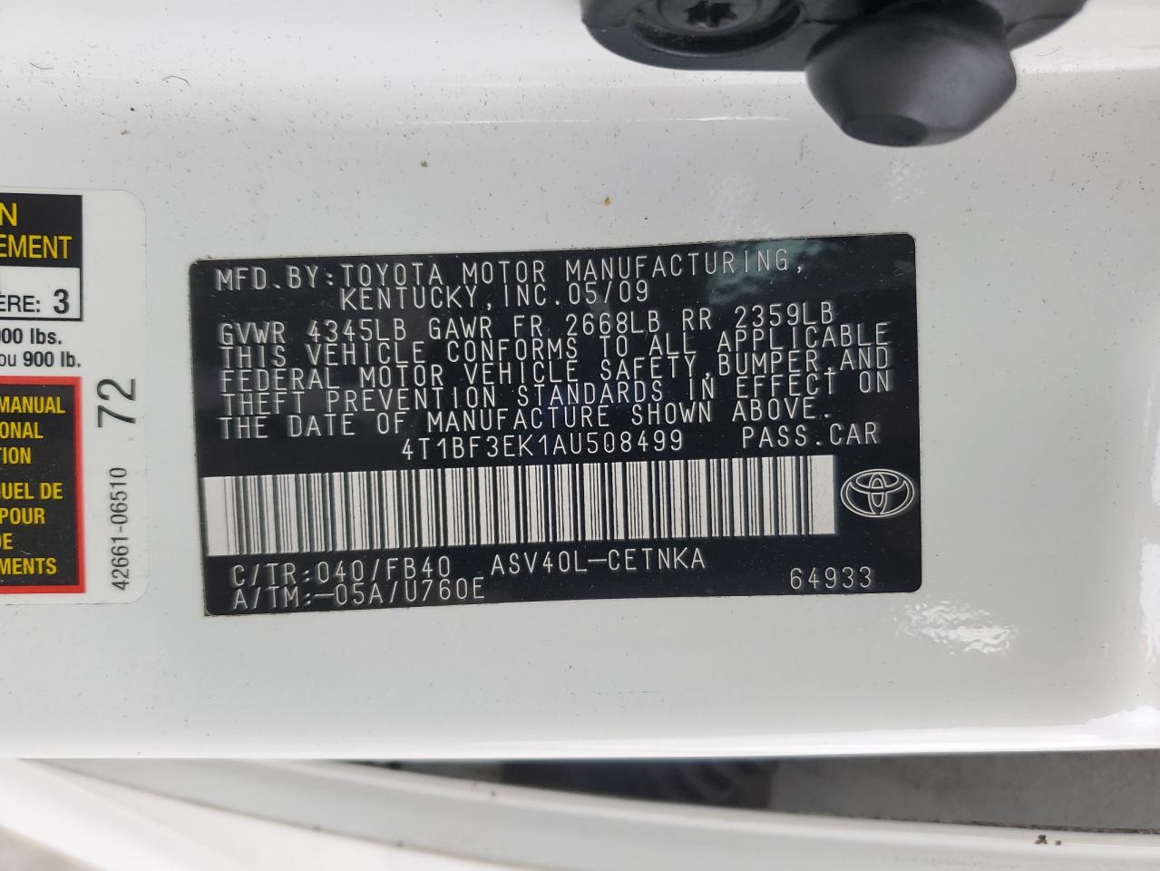 2010 Toyota Camry Base VIN: 4T1BF3EK1AU508499 Lot: 85098945