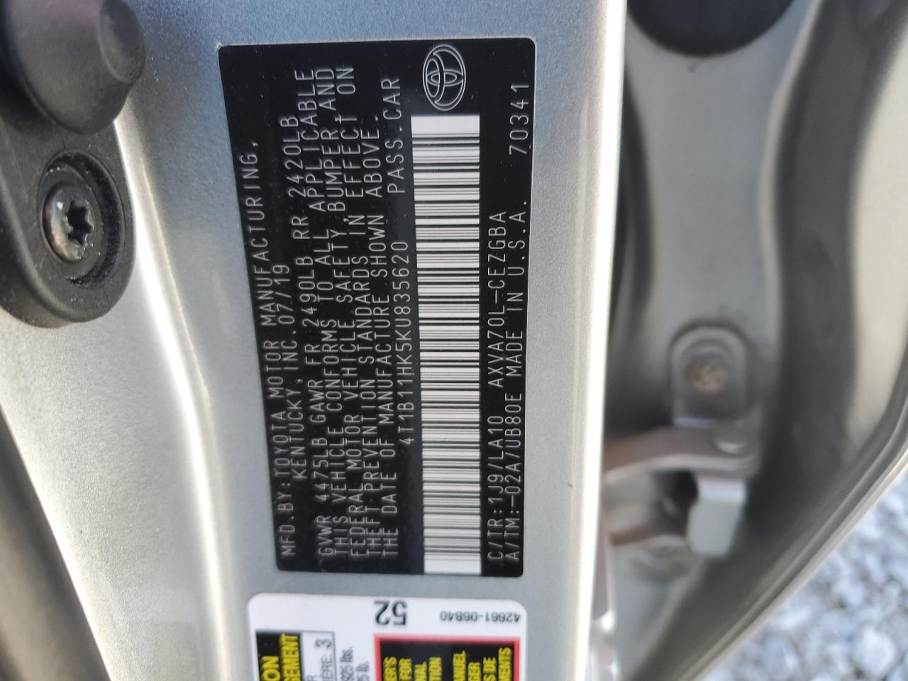 2019 Toyota Camry L VIN: 4T1B11HK5KU835620 Lot: 86508995