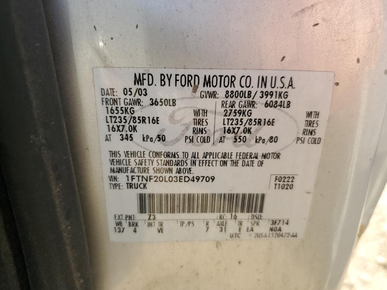 2003 Ford F250 Super Duty VIN: 1FTNF20L03ED49709 Lot: 84023915