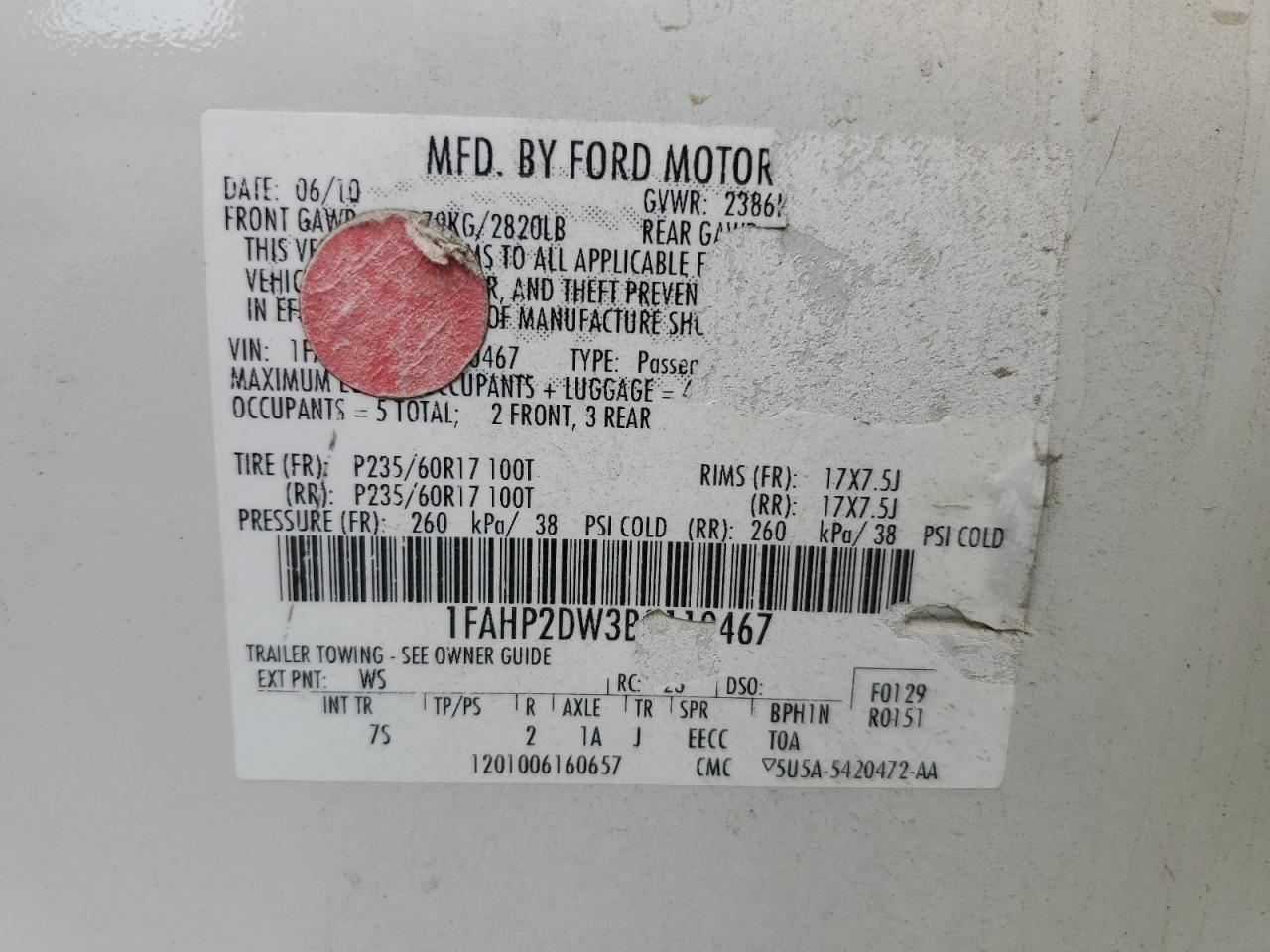 2011 Ford Taurus Se VIN: 1FAHP2DW3BG110467 Lot: 84752135