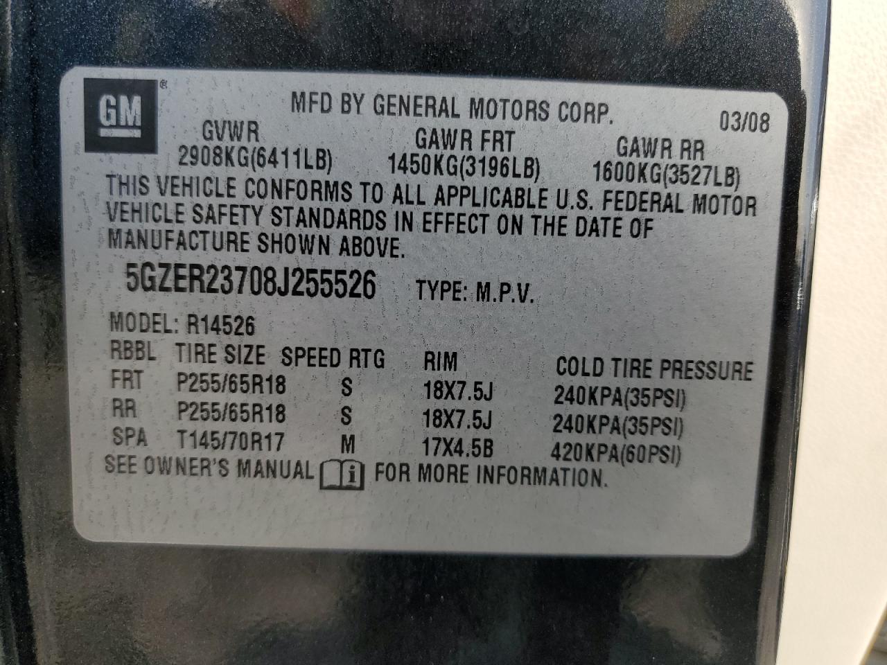 2008 Saturn Outlook Xr VIN: 5GZER23708J255526 Lot: 89851765