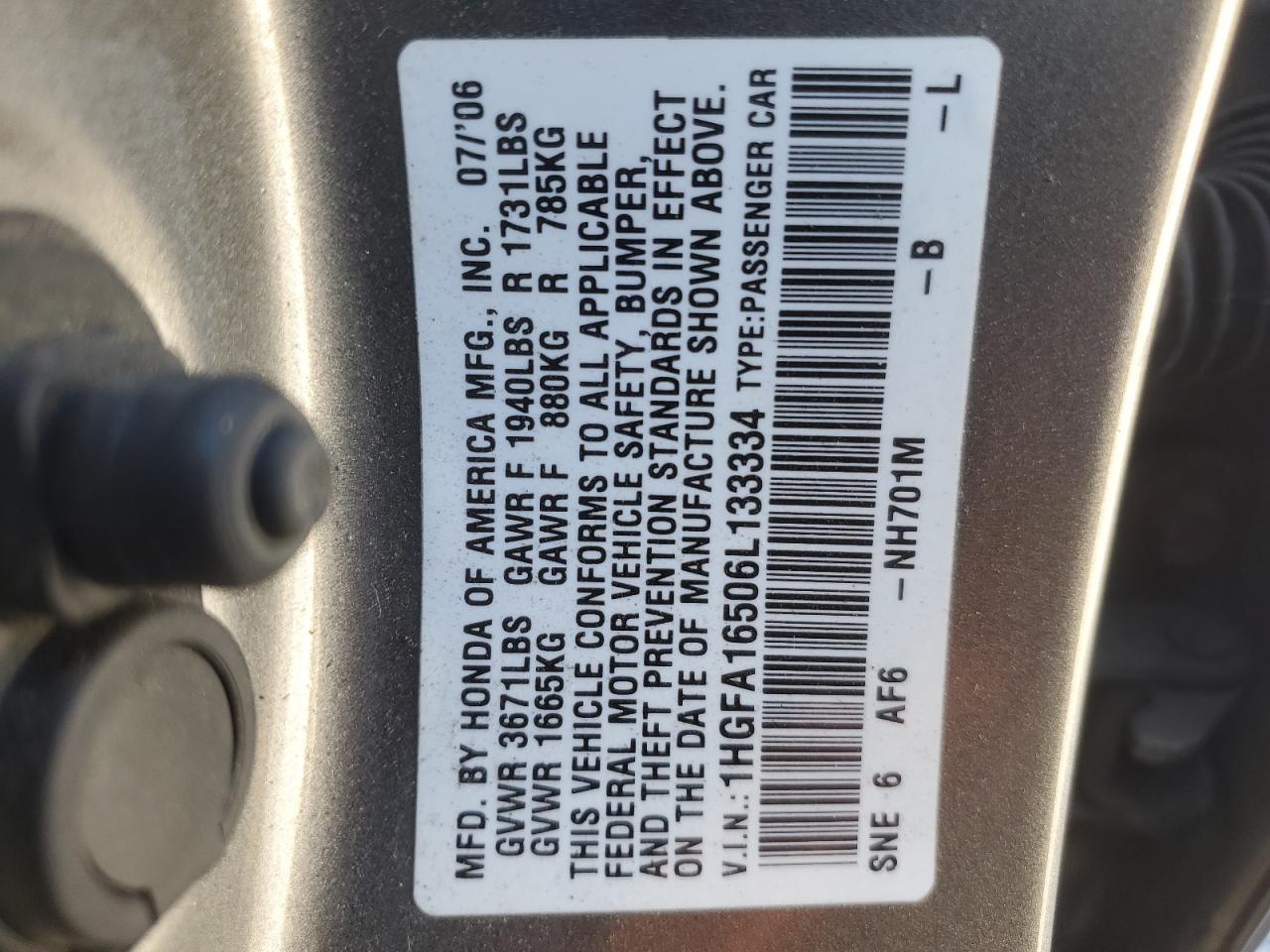 2006 Honda Civic Lx VIN: 1HGFA16506L133334 Lot: 86466765