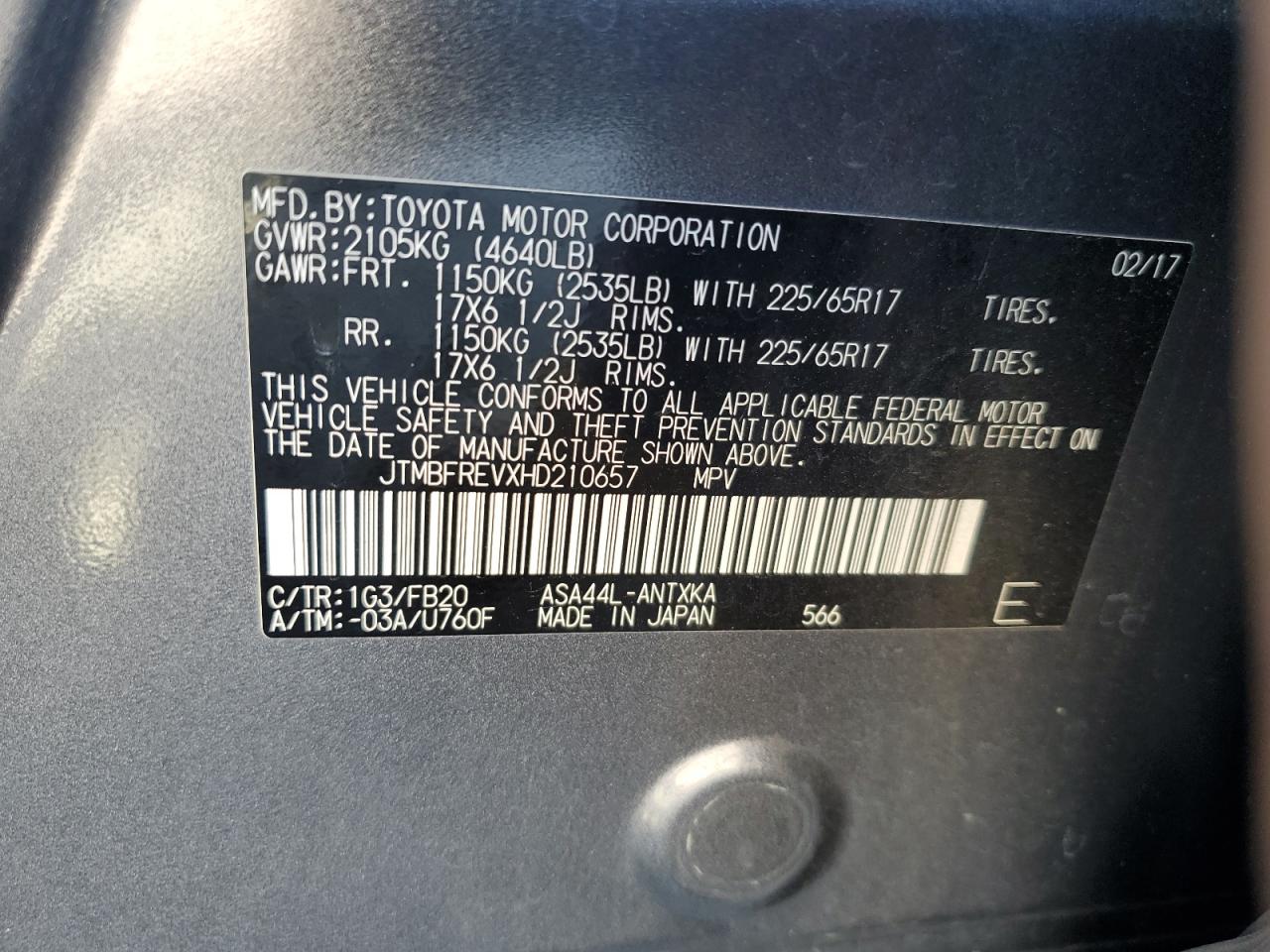 2017 Toyota Rav4 Le VIN: JTMBFREVXHD210657 Lot: 82184535