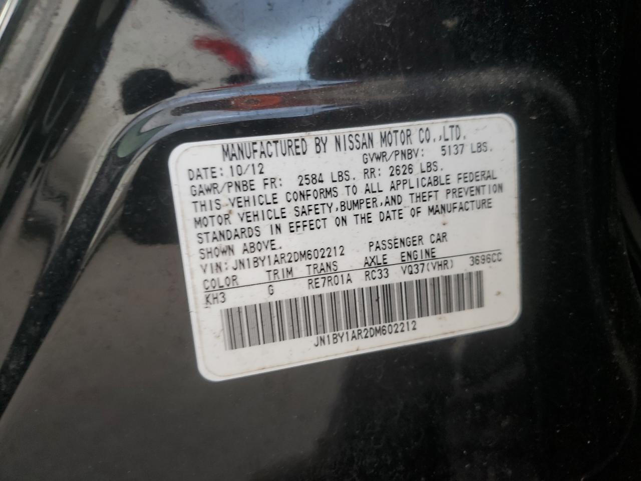 2013 Infiniti M37 X VIN: JN1BY1AR2DM602212 Lot: 87007005