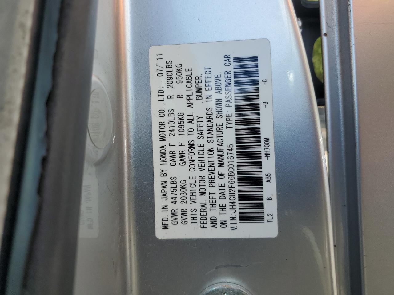 2011 Acura Tsx VIN: JH4CU2F66BC016745 Lot: 84946615