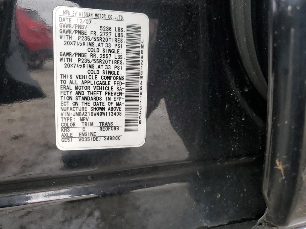 2009 Nissan Murano S VIN: JN8AZ18W49W113408 Lot: 85009215