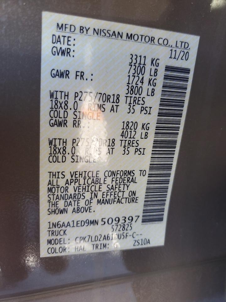 2021 Nissan Titan Sv VIN: 1N6AA1ED9MN509397 Lot: 82192245