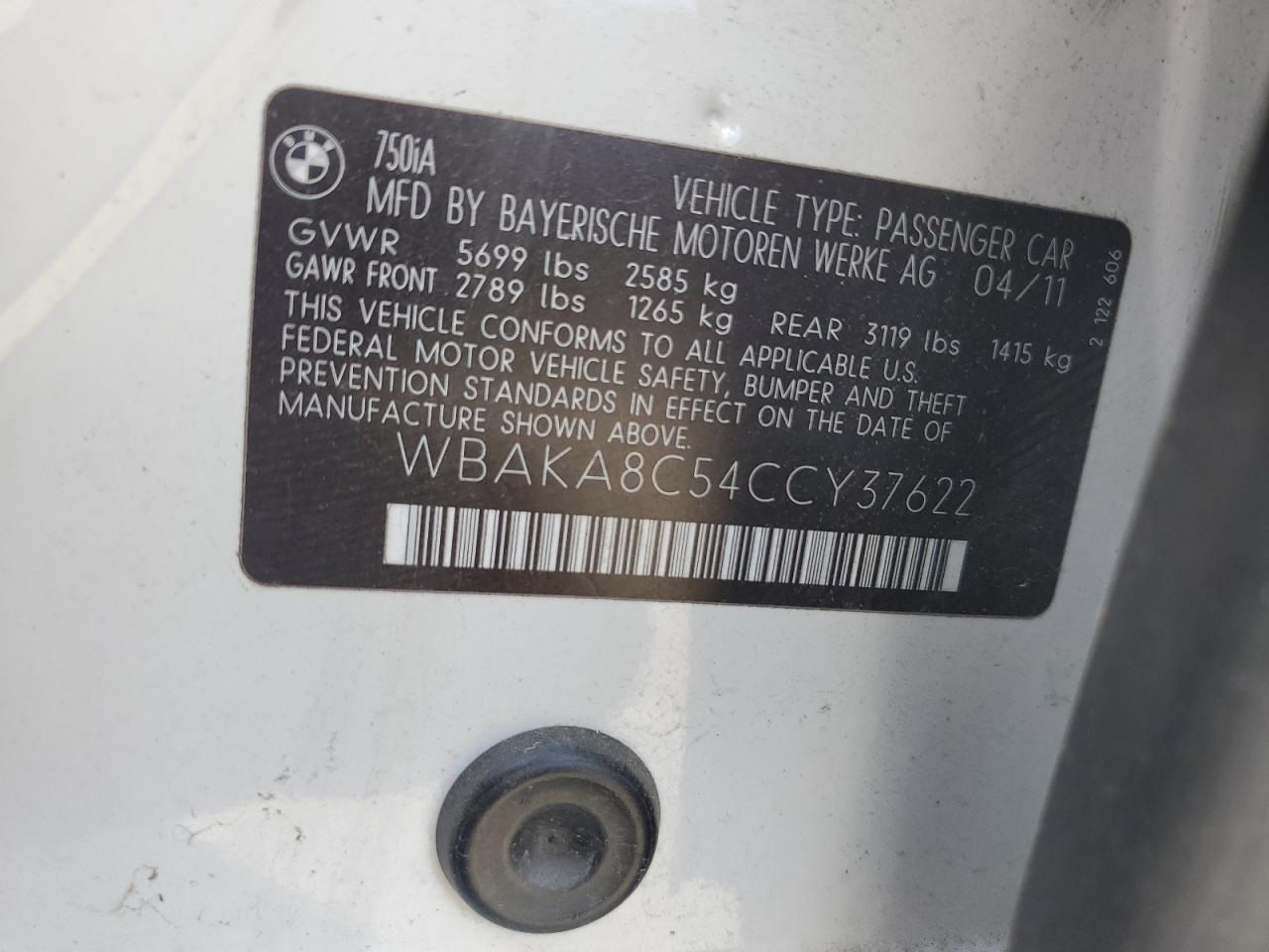 2012 BMW 750 I VIN: WBAKA8C54CCY37622 Lot: 85359735