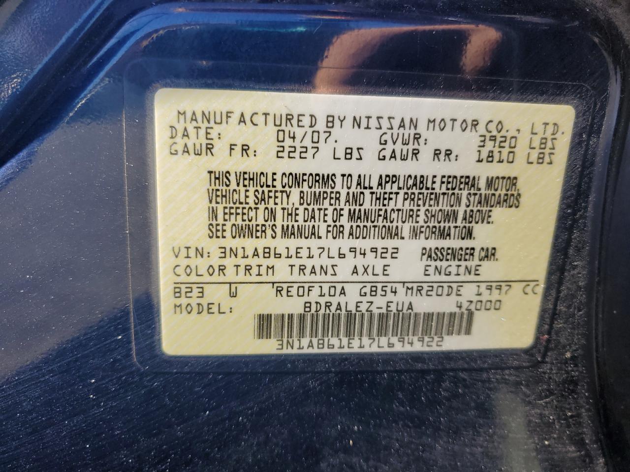 2007 Nissan Sentra 2.0 VIN: 3N1AB61E17L694922 Lot: 85387015