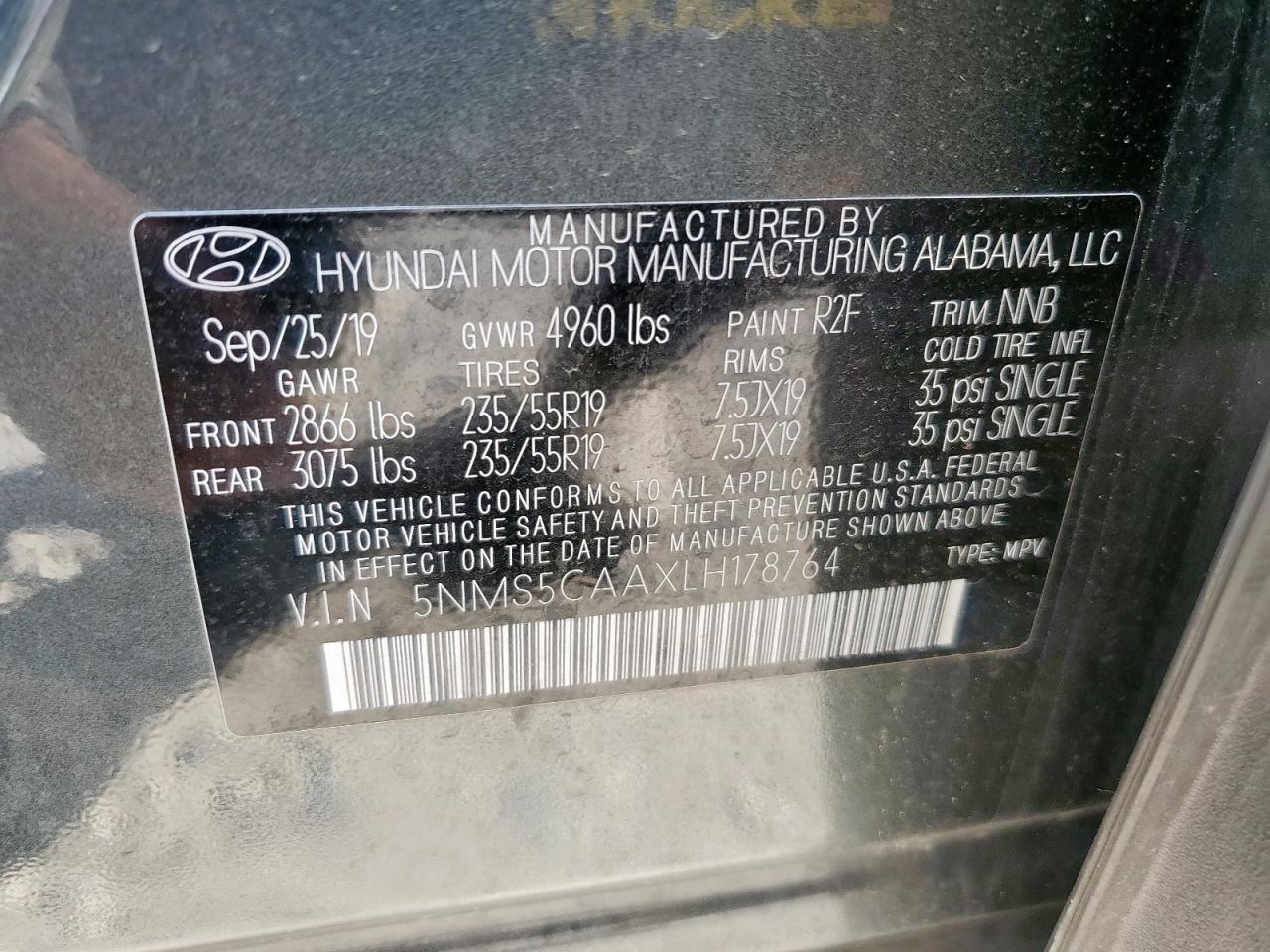 2020 Hyundai Santa Fe Limited VIN: 5NMS5CAAXLH178764 Lot: 85191195