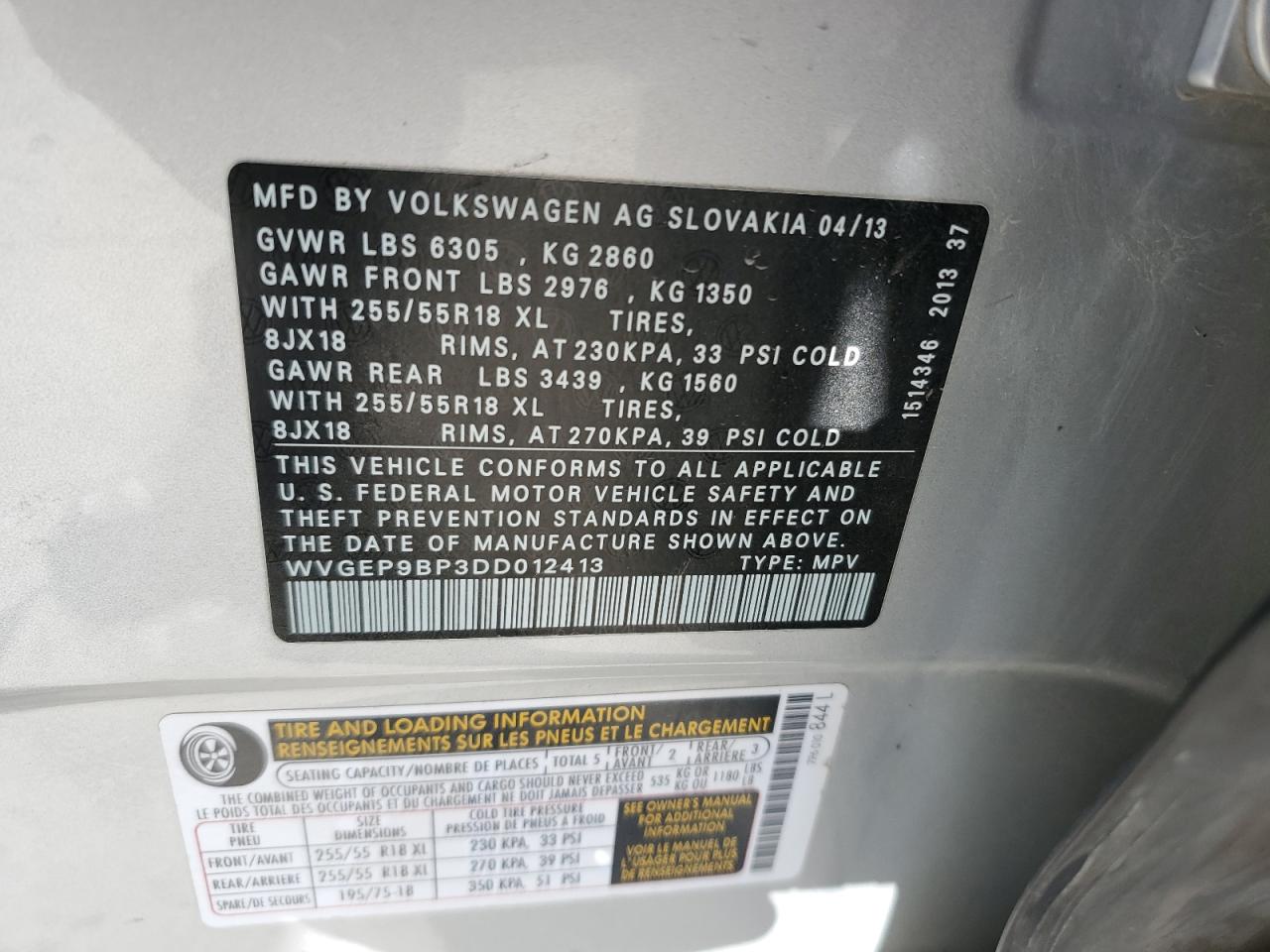 2013 Volkswagen Touareg V6 Tdi VIN: WVGEP9BP3DD012413 Lot: 84972005