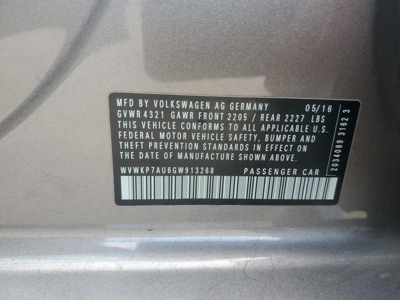 2016 Volkswagen E-Golf Se VIN: WVWKP7AU6GW913268 Lot: 85271855