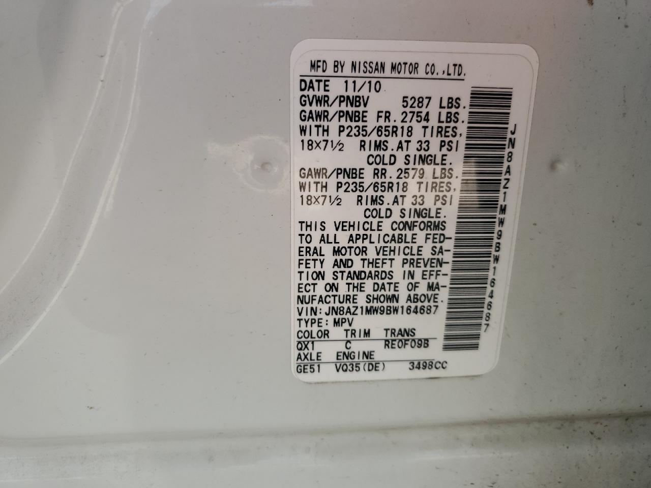 2011 Nissan Murano S VIN: JN8AZ1MW9BW164687 Lot: 85920285