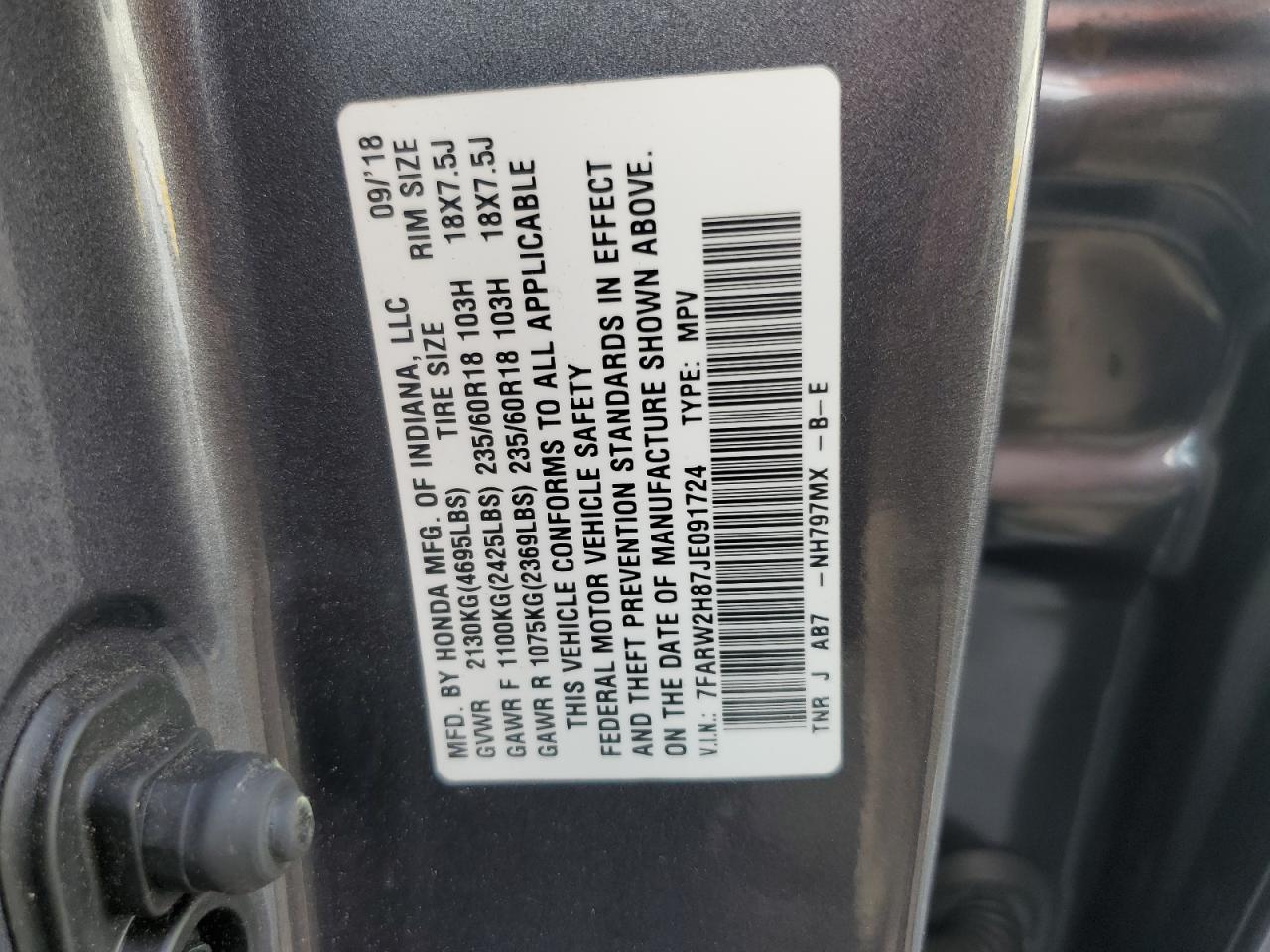 2018 Honda Cr-V Exl VIN: 7FARW2H87JE091724 Lot: 85495045