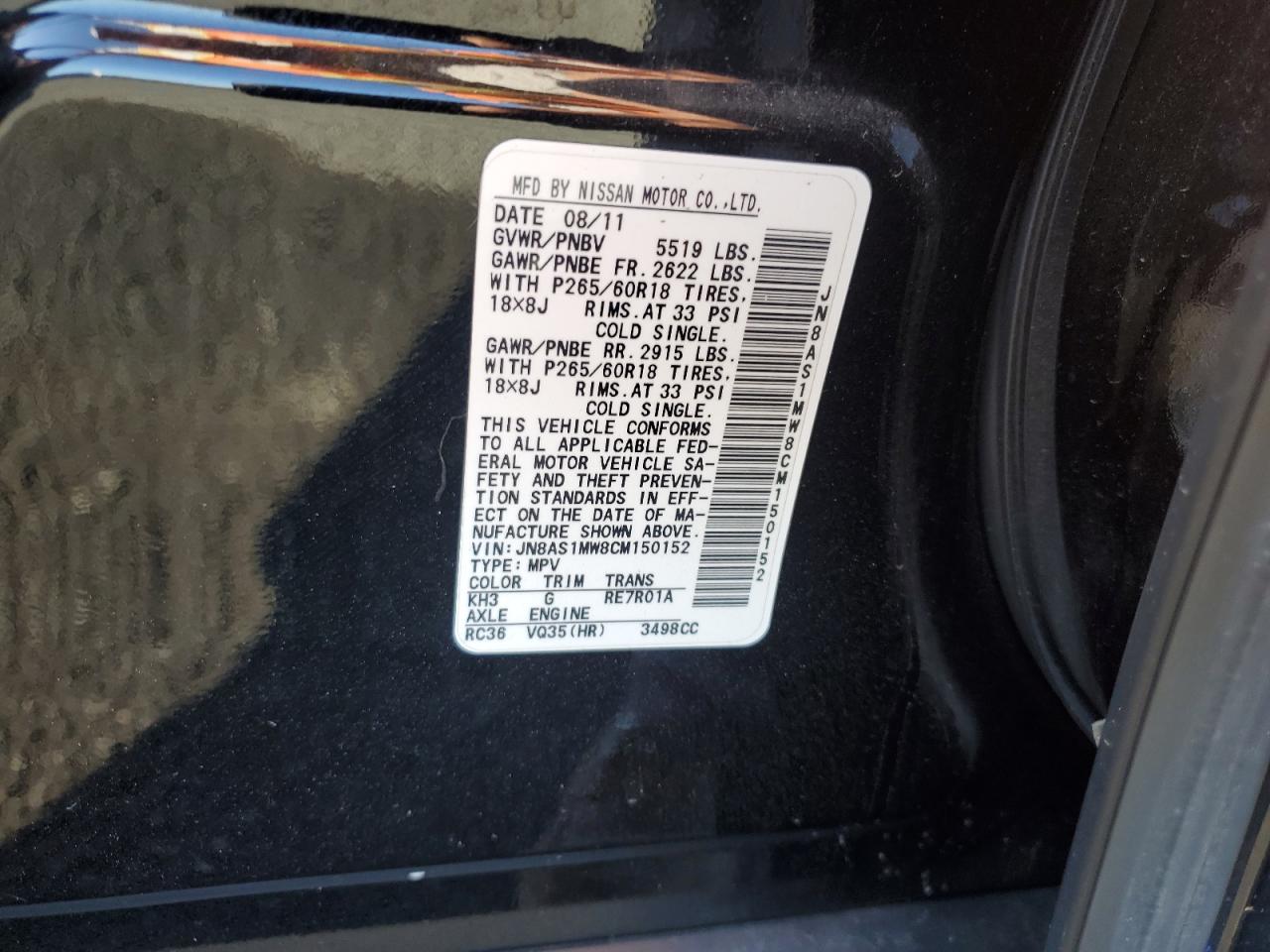 2012 Infiniti Fx35 VIN: JN8AS1MW8CM150152 Lot: 82736365