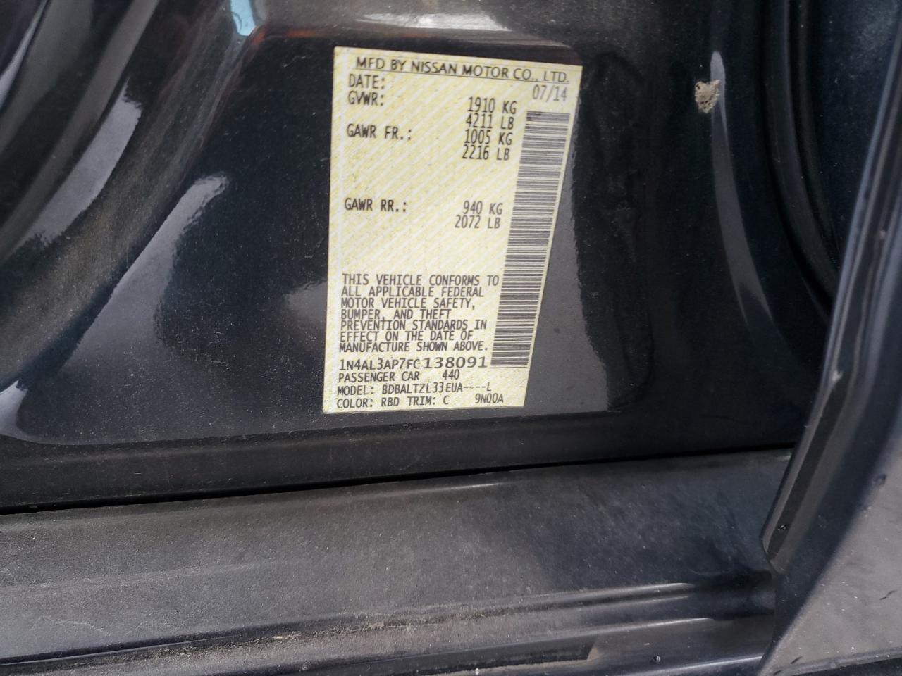 2015 Nissan Altima 2.5 VIN: 1N4AL3AP7FC138091 Lot: 85700775