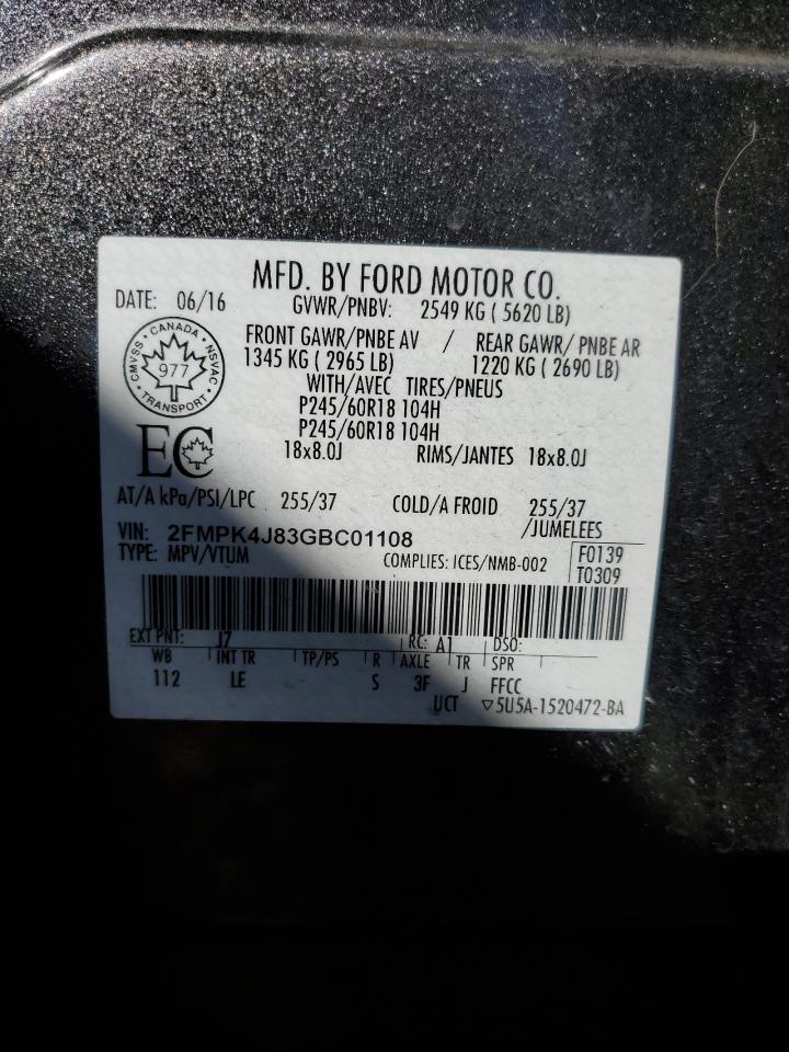 2016 Ford Edge Sel VIN: 2FMPK4J83GBC01108 Lot: 87018395