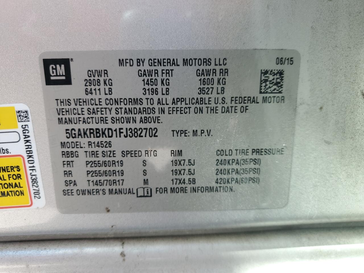 2015 Buick Enclave VIN: 5GAKRBKD1FJ382702 Lot: 87367725