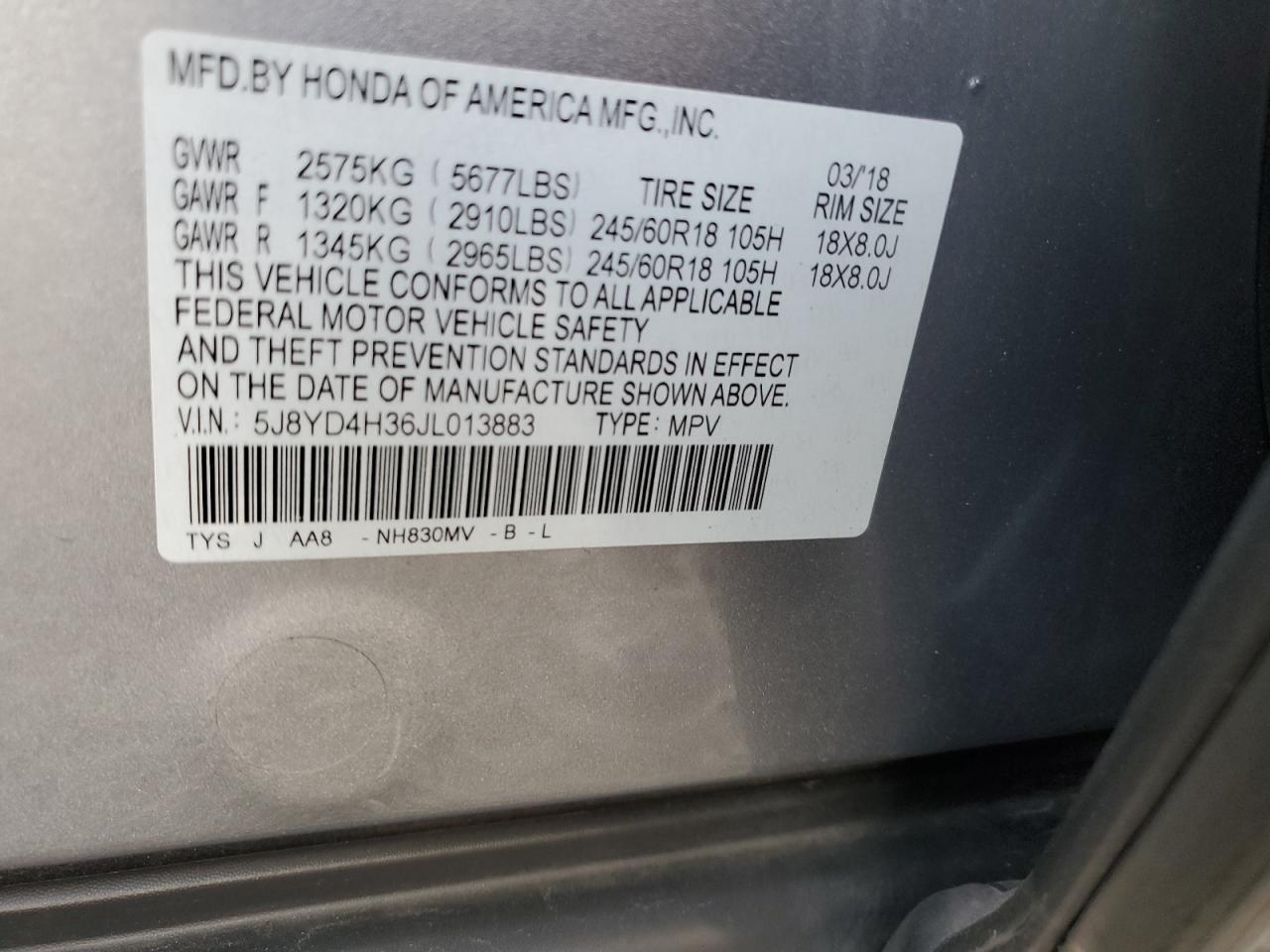 2018 Acura Mdx VIN: 5J8YD4H36JL013883 Lot: 82312505