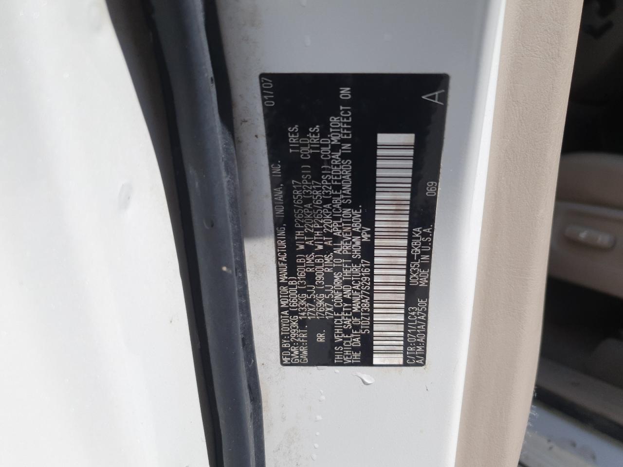 2007 Toyota Sequoia Limited VIN: 5TDZT38A77S291617 Lot: 89707225