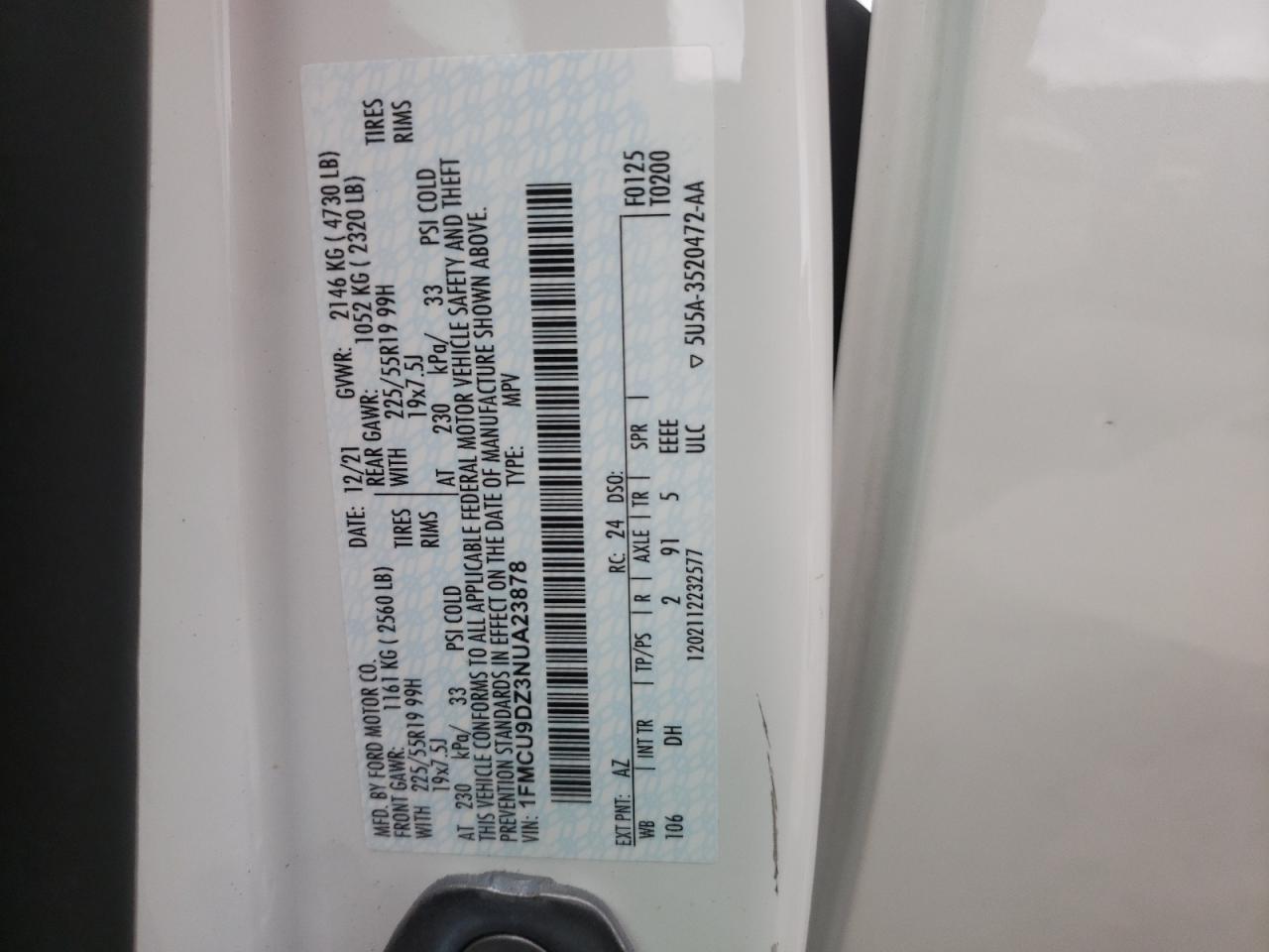 2022 Ford Escape Titanium VIN: 1FMCU9DZ3NUA23878 Lot: 81998535