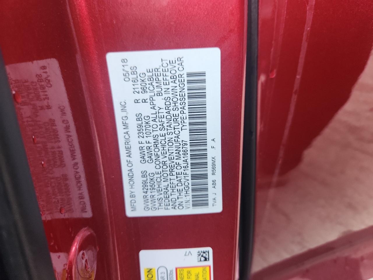 2018 Honda Accord Lx VIN: 1HGCV1F16JA166797 Lot: 84609025