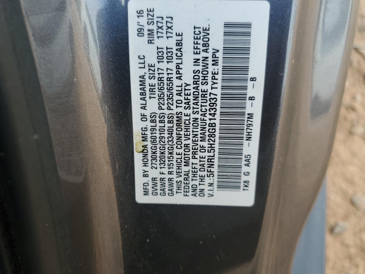 2016 Honda Odyssey Lx VIN: 5FNRL5H28GB143937 Lot: 85835585