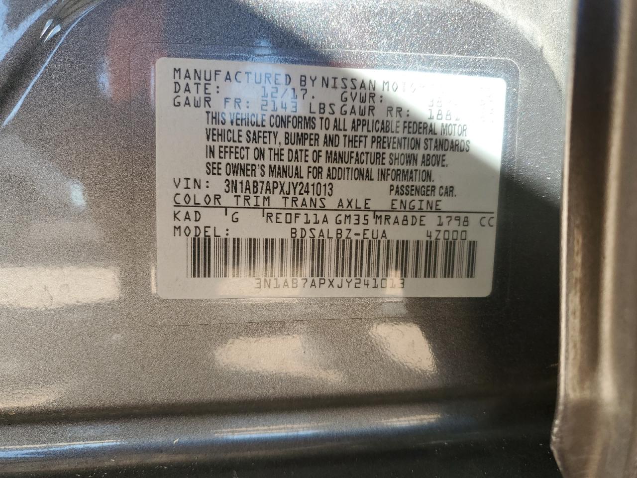 2018 Nissan Sentra S VIN: 3N1AB7APXJY241013 Lot: 84845685