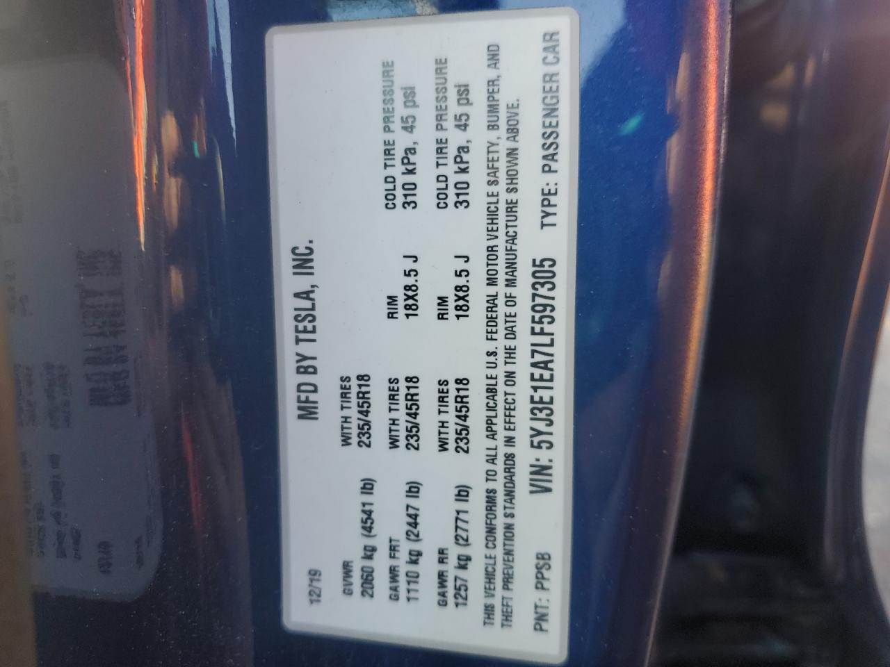 2020 Tesla Model 3 VIN: 5YJ3E1EA7LF597305 Lot: 82307105