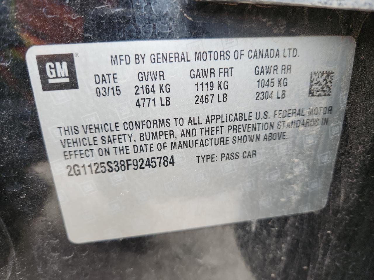 2015 Chevrolet Impala Lt VIN: 2G1125S38F9245784 Lot: 81985405