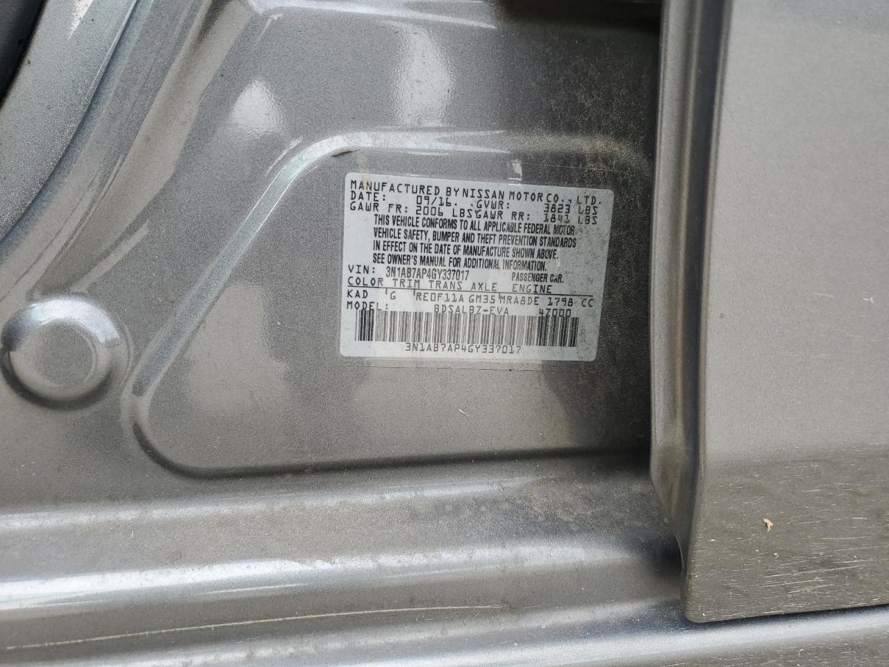 2016 Nissan Sentra S VIN: 3N1AB7AP4GY337017 Lot: 85931265