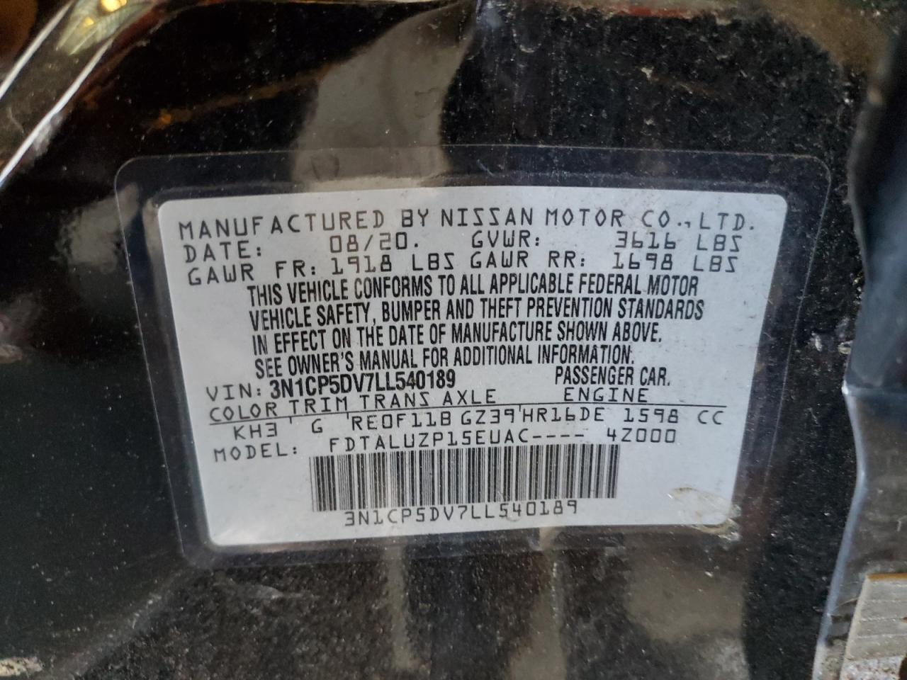 2020 Nissan Kicks Sr VIN: 3N1CP5DV7LL540189 Lot: 85187085