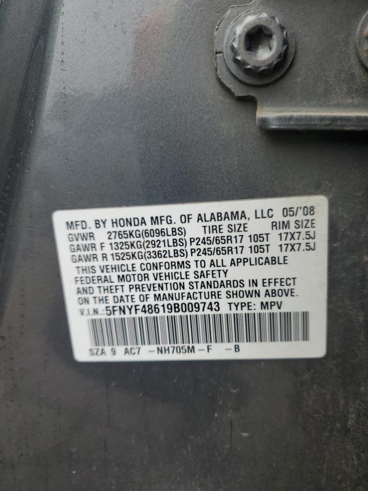 2009 Honda Pilot Exl VIN: 5FNYF48619B009743 Lot: 85909285