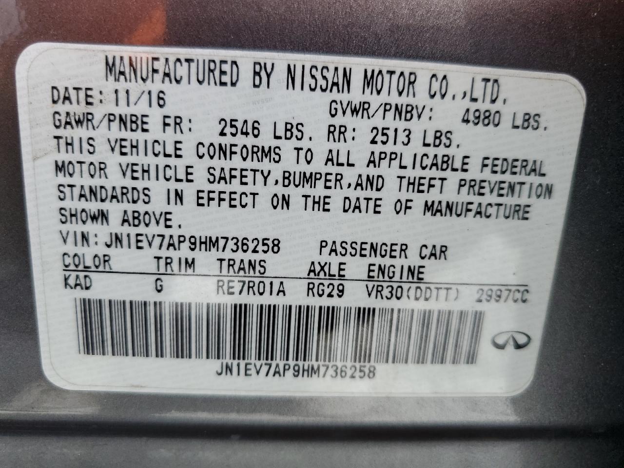 2017 Infiniti Q50 Premium VIN: JN1EV7AP9HM736258 Lot: 84917605