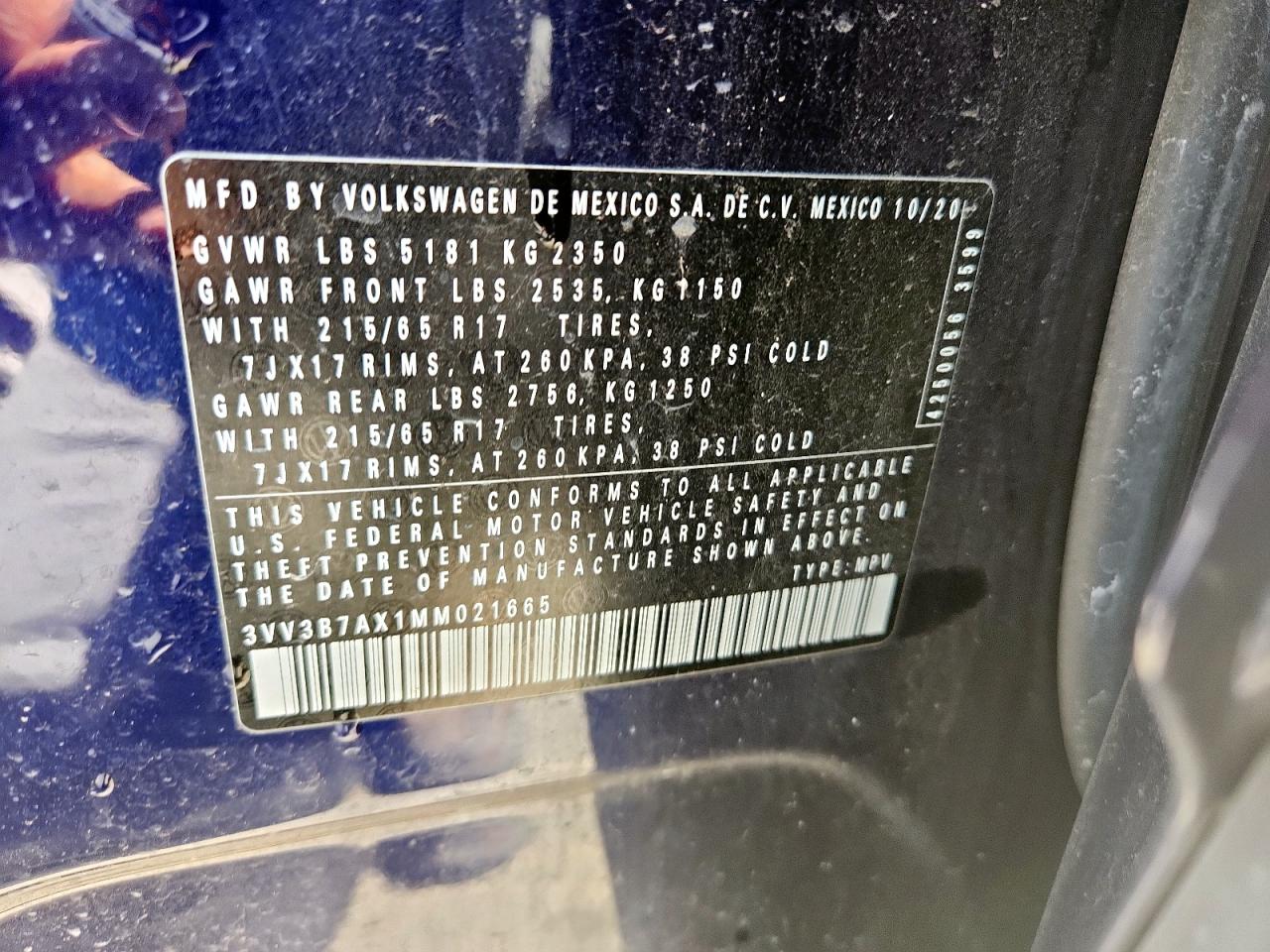 2021 Volkswagen Tiguan Se VIN: 3VV3B7AX1MM021665 Lot: 85590275