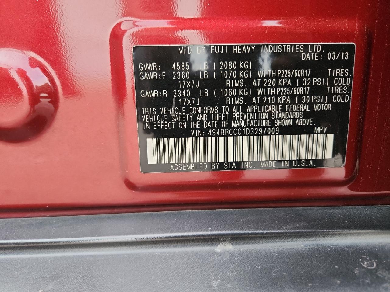 2013 Subaru Outback 2.5I Premium VIN: 4S4BRCCC1D3297009 Lot: 85587865