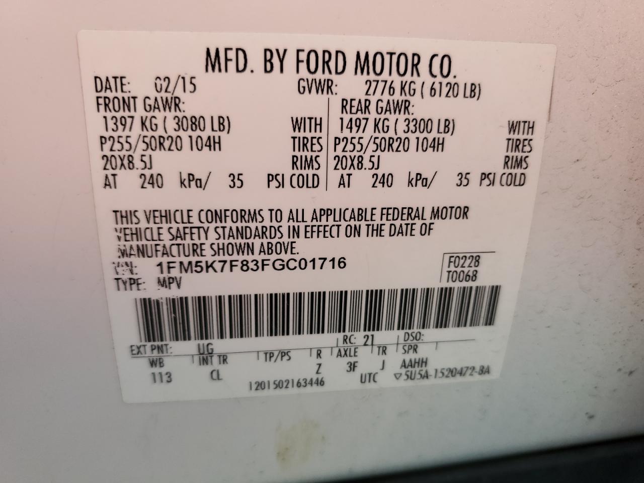 2015 Ford Explorer Limited VIN: 1FM5K7F83FGC01716 Lot: 82494785