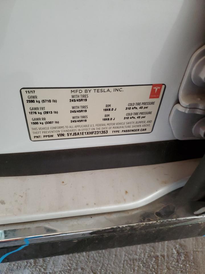 2017 Tesla Model S VIN: 5YJSA1E1XHF231353 Lot: 85291225