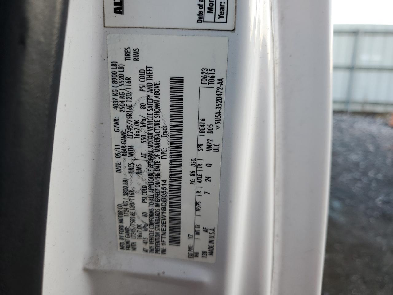 2011 Ford Econoline E250 Van VIN: 1FTNE2EW1BDB05514 Lot: 86792095