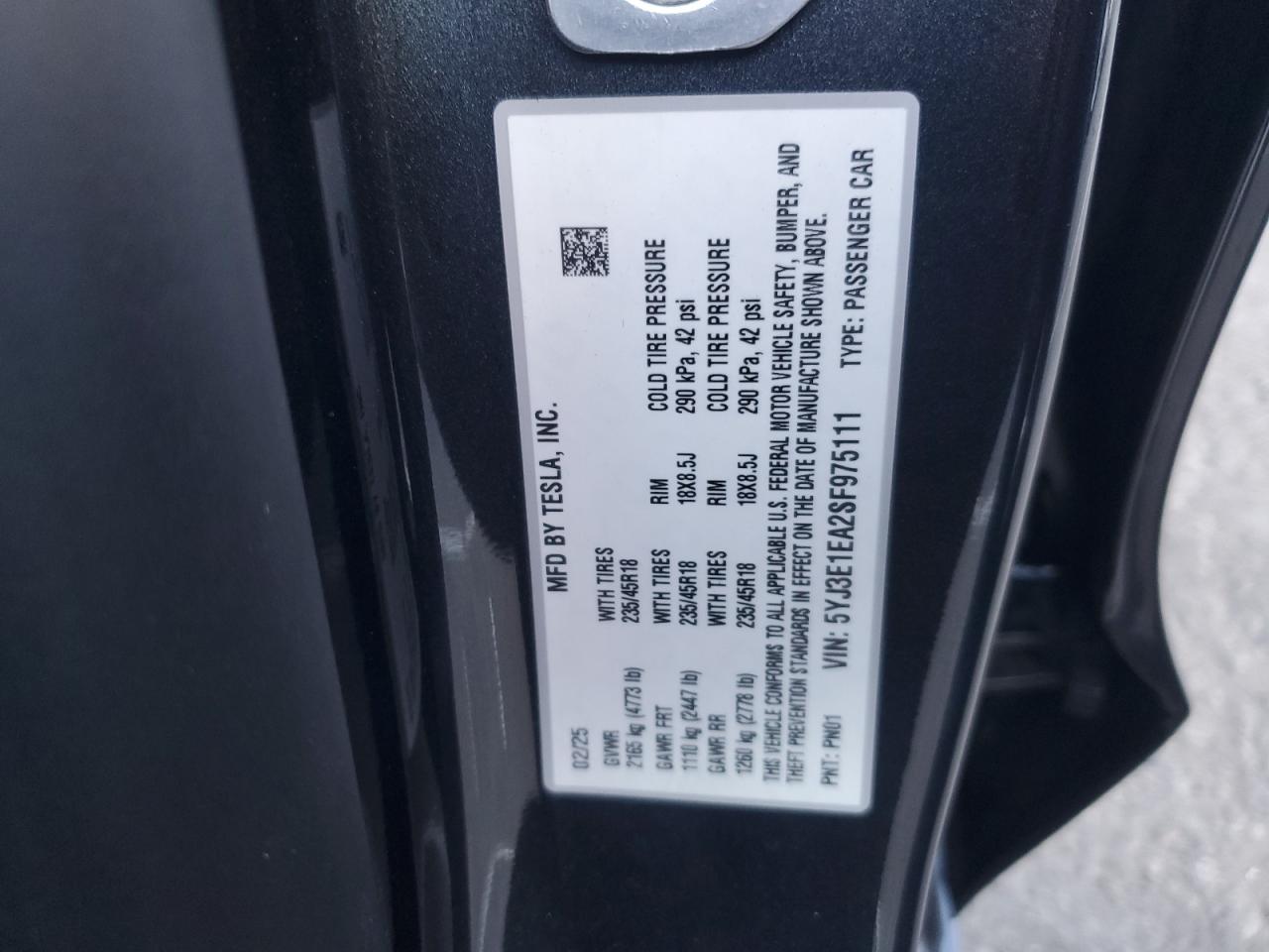 2025 Tesla Model 3 VIN: 5YJ3E1EA2SF975111 Lot: 90916985