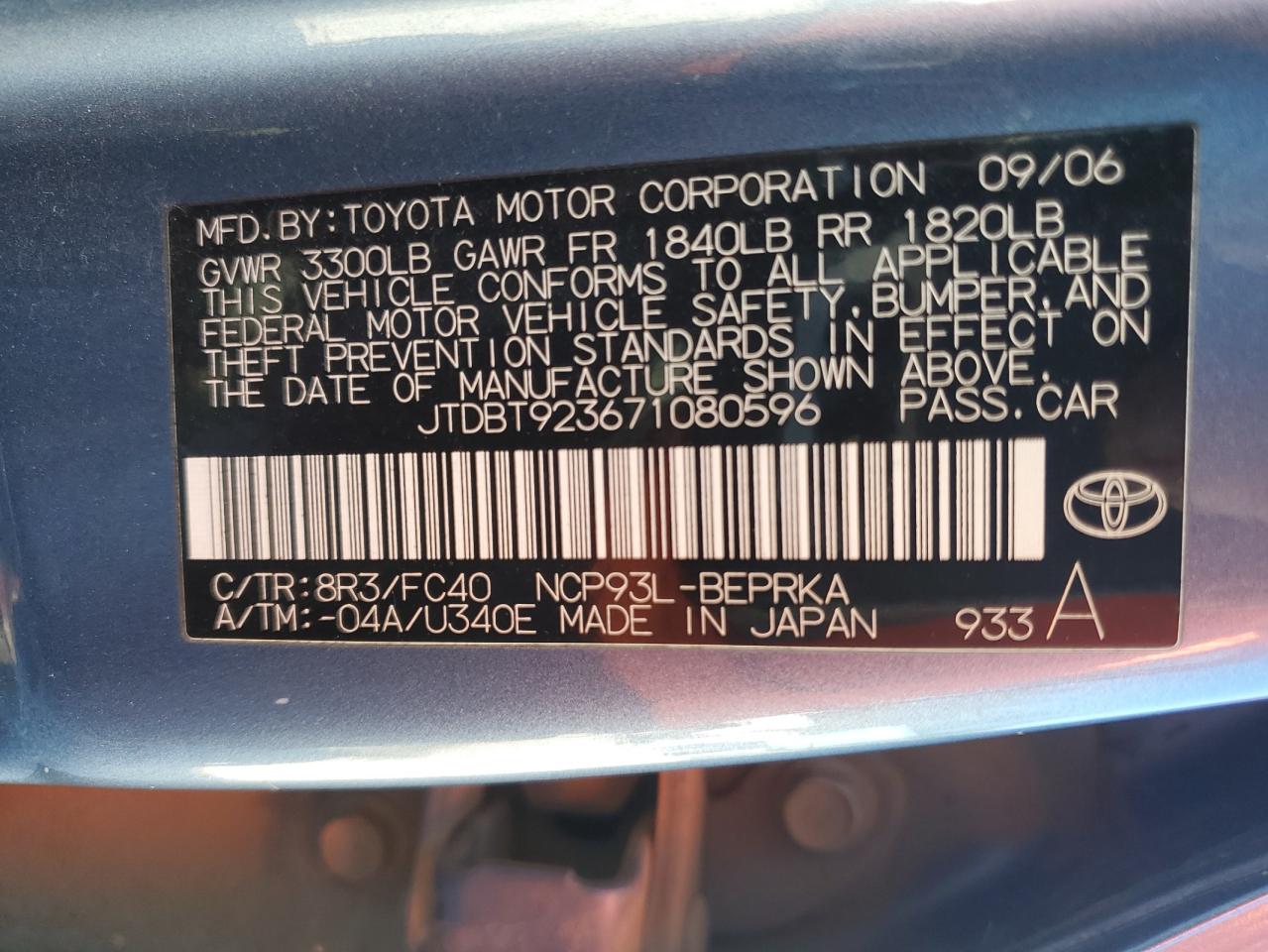 2007 Toyota Yaris VIN: JTDBT923671080596 Lot: 87193745