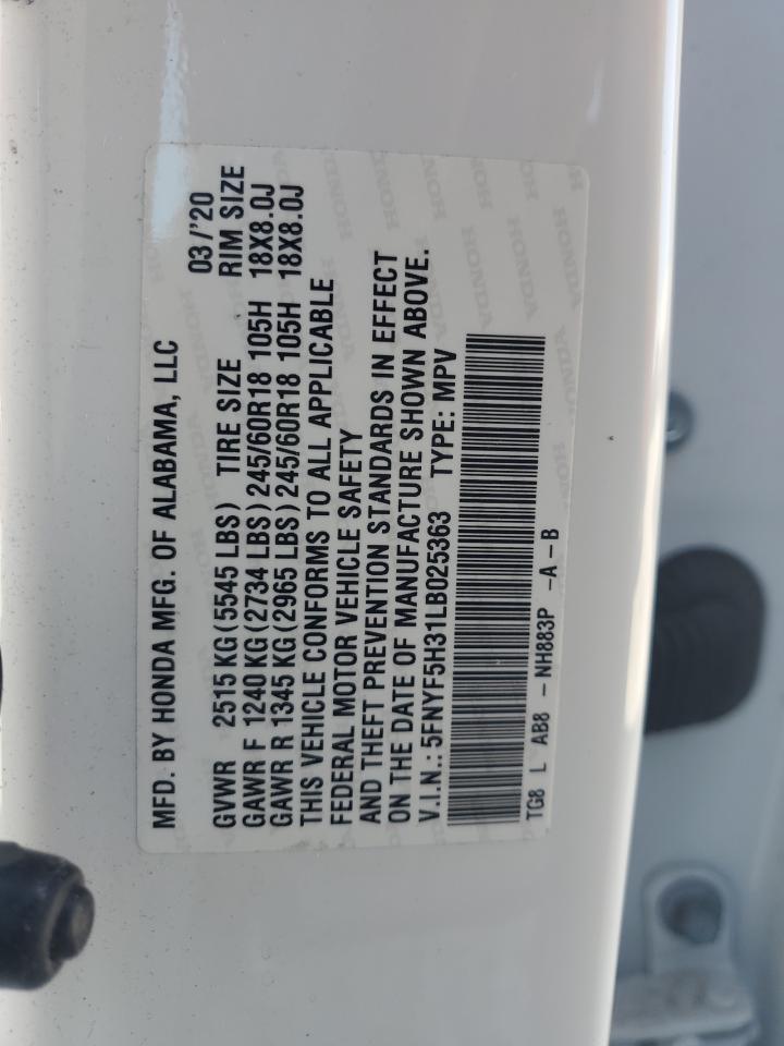 2020 Honda Pilot Ex VIN: 5FNYF5H31LB025363 Lot: 87396535