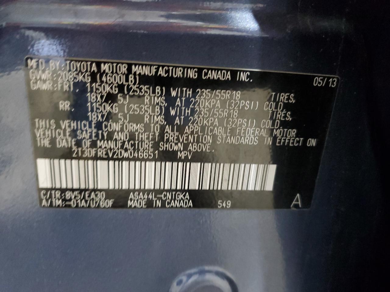 2013 Toyota Rav4 Limited VIN: 2T3DFREV2DW046651 Lot: 86092815