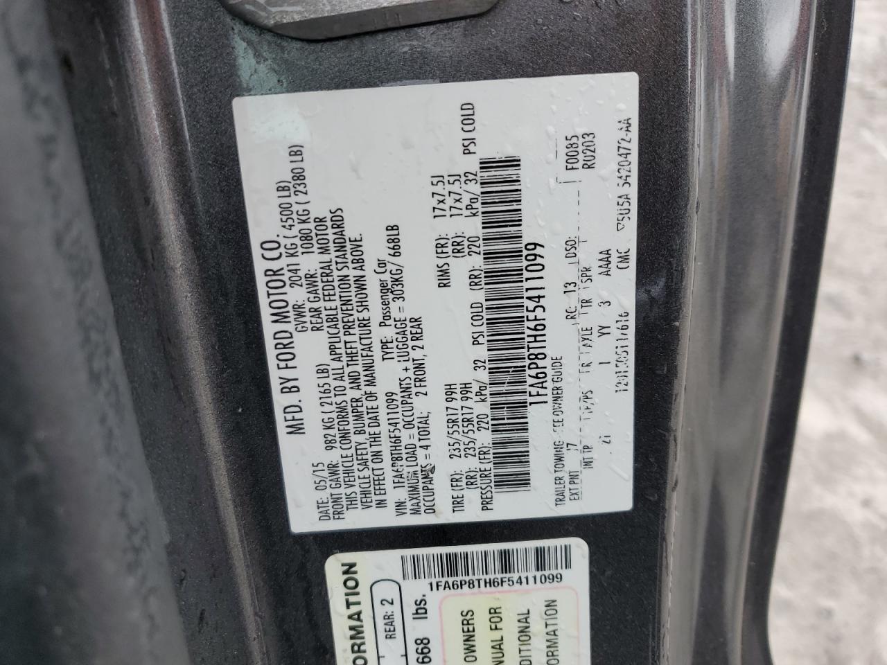 2015 Ford Mustang VIN: 1FA6P8TH6F5411099 Lot: 90623585