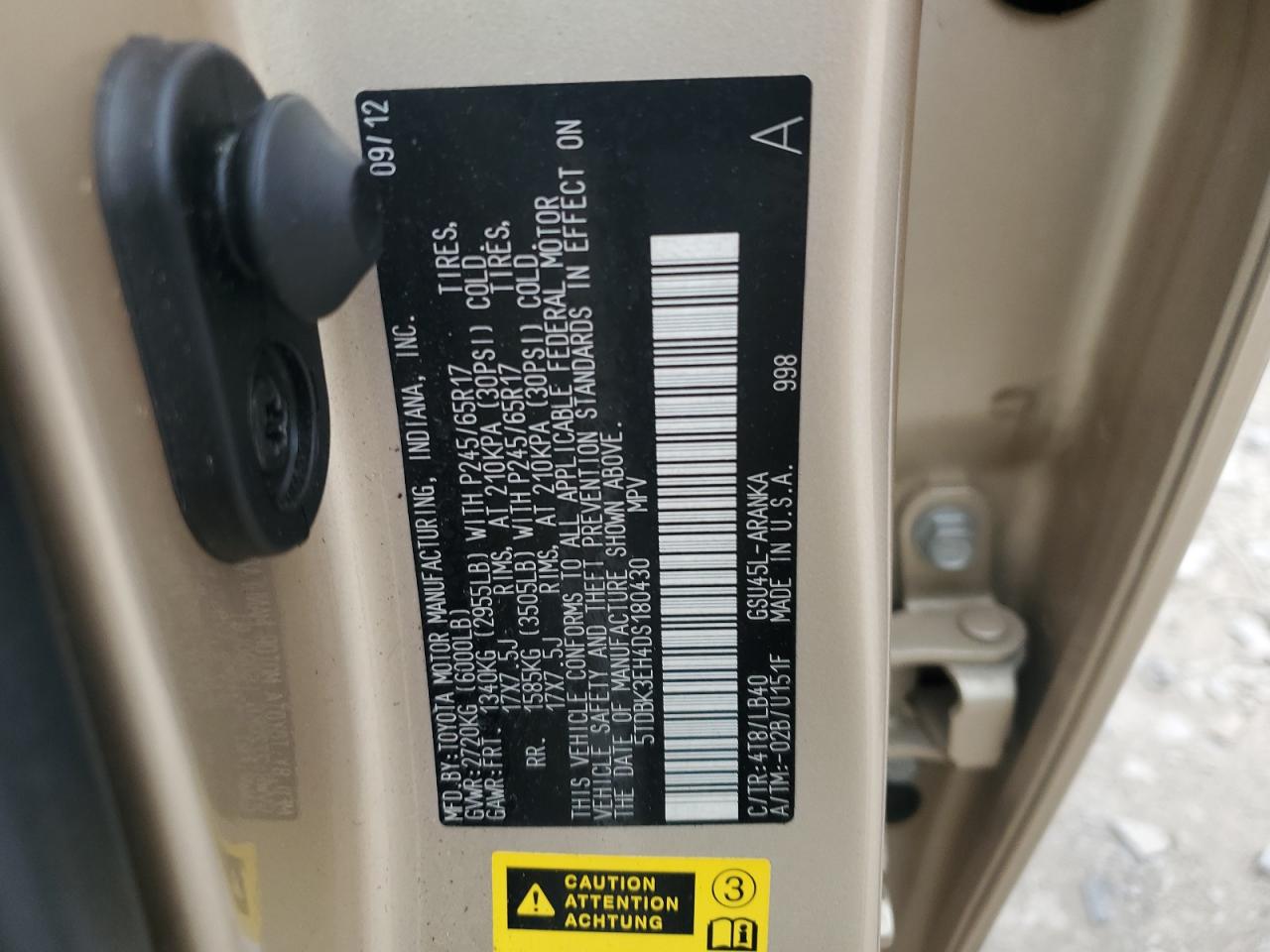 2013 Toyota Highlander Base VIN: 5TDBK3EH4DS180430 Lot: 85075305